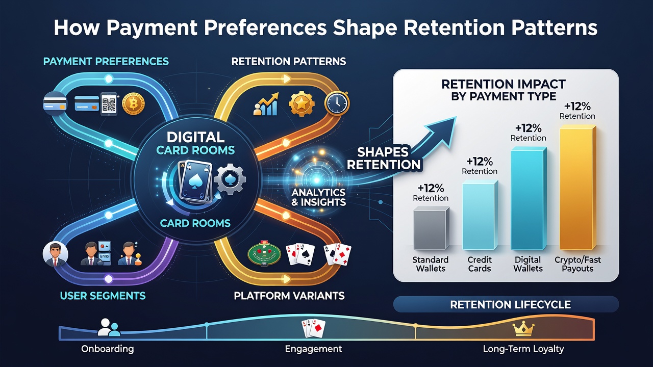 Analytics dashboard illustrating retention curves segmented by payment method in digital card rooms